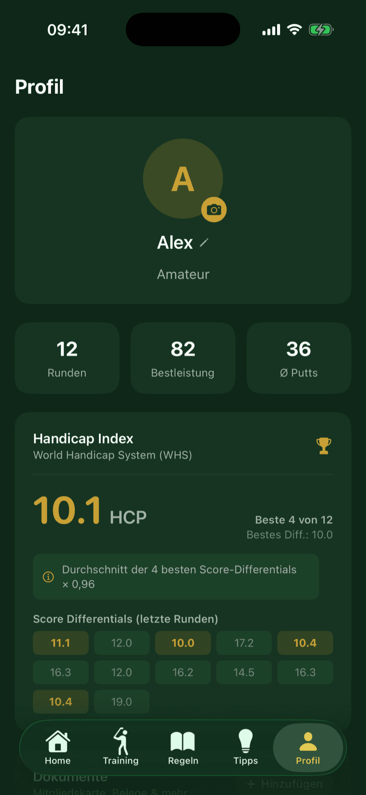 Profil mit WHS-Handicap und den Score Differentials der letzten Runden
